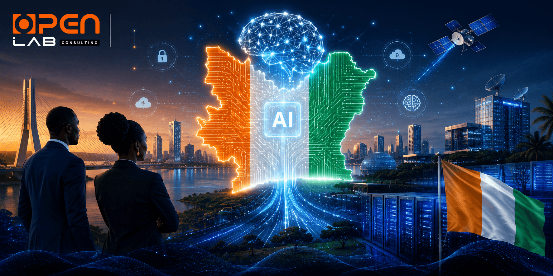 L’IA souveraine en Côte d’Ivoire — carte ivoirienne, intelligence artificielle et skyline d’Abidjan (illustration OpenLab Consulting)