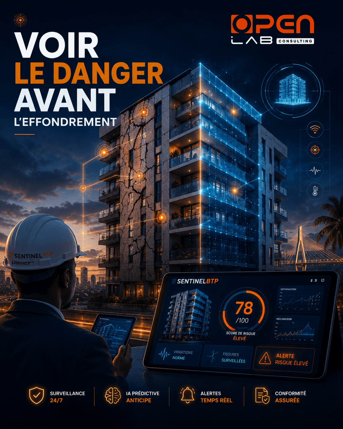 Visuel SentinelBTP — plateforme IA de surveillance structurelle des bâtiments à Abidjan